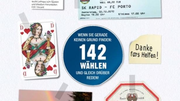 Ein Plakat mit verschiedenen Objekten, darunter ein Fußballticket, eine Spielkarte und ein Regenbogen, um auf die Telefonnummer 142 aufmerksam zu machen.