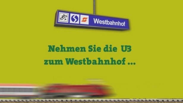 Ein Zug fährt am Westbahnhof vorbei, mit dem Hinweis, die U3 zu nehmen.