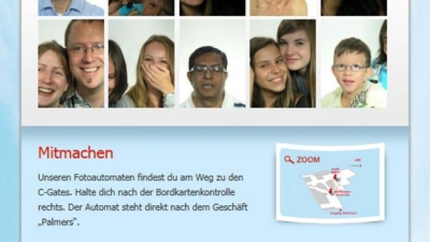 Eine Werbeanzeige für „Smile Maker“ Fotoautomaten am Flughafen Wien, mit der man Flüge gewinnen kann.