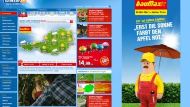 Ein Screenshot der Webseite wetter.tv und einer Werbung von Baumax.