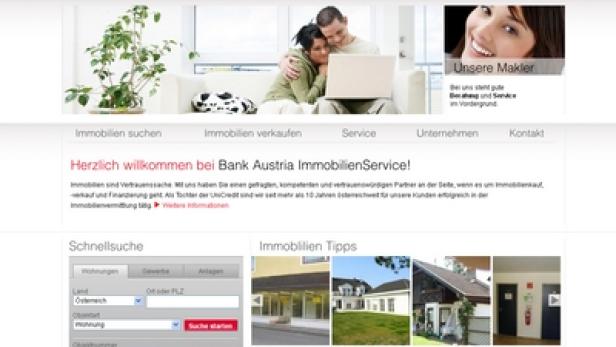 Die Webseite von Bank Austria Immobilienservice mit Suchfunktion und Immobilienangeboten.