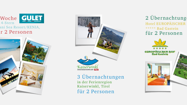 Collage mit Urlaubsangeboten in Kenia, Tirol und Bad Gastein.