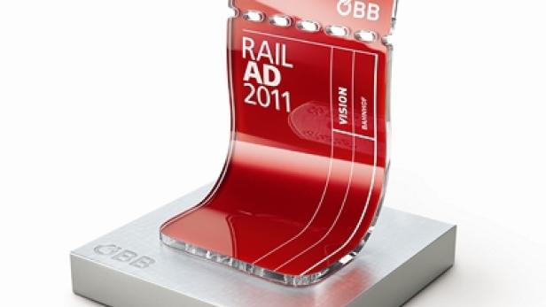 Ein „Rail Ad 2011“-Award der ÖBB in Form einer stilisierten Fahrkarte.