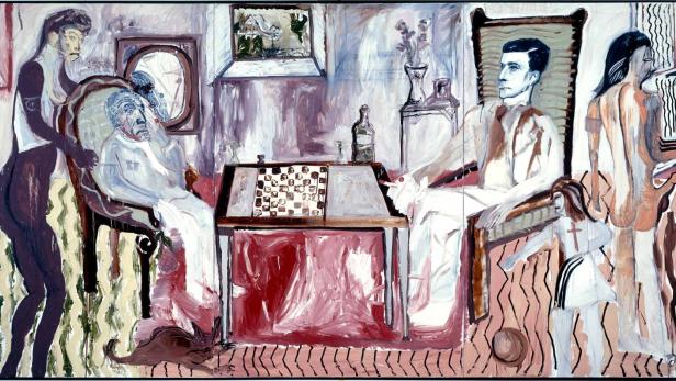 Ein Gemälde mit mehreren Figuren in einem Innenraum, darunter ein Schachbrett und eine Flasche.