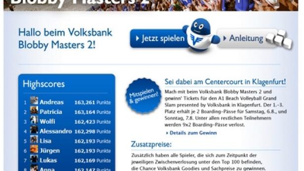 Werbung für das „Volksbank Blobby Masters 2“-Spiel auf Facebook mit Beachvolleyball-Szene im Hintergrund.