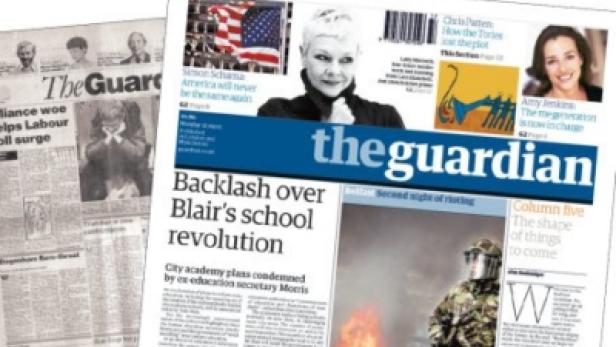Zwei Ausgaben der Zeitung „The Guardian“ mit Schlagzeilen zu Politik und aktuellen Ereignissen.