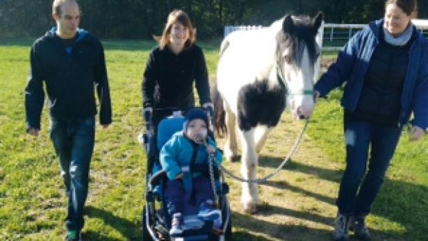 Eine Familie spaziert mit einem schwarz-weißen Pferd und einem Kind im Rollstuhl über eine Wiese.