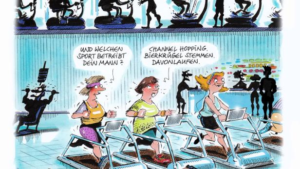 Karikatur: Frauen auf Laufbändern im Fitnessstudio, während Männer im Hintergrund andere „Sportarten“ ausüben.
