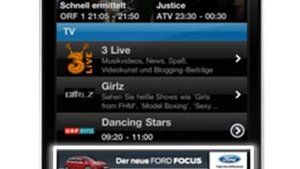 Ein iPhone zeigt die MobileTV-App mit verschiedenen Fernsehprogrammen und einer Ford Focus Werbung.