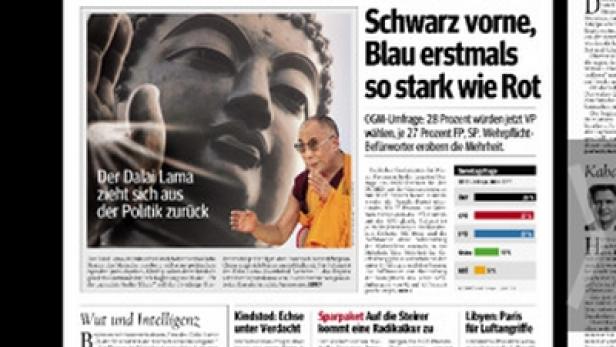 Titelseite der Zeitung „Kurier“ mit einem Artikel über den Rückzug des Dalai Lama aus der Politik.