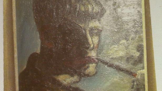 Ein Gemälde von einem Mann, der eine Zigarette raucht.