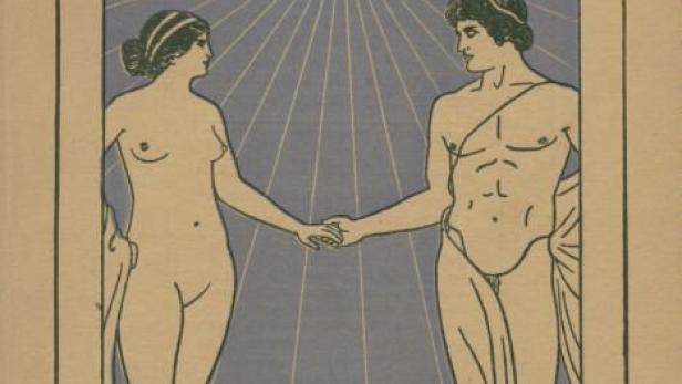Ein Mann und eine Frau im antiken Stil halten Hände vor einer strahlenden Sonne.