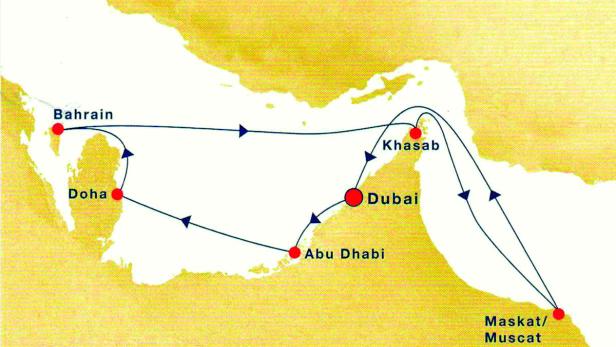 Eine Karte, die eine Reiseroute durch den Nahen Osten mit Stationen in Bahrain, Doha, Abu Dhabi, Dubai, Khassab und Maskat zeigt.