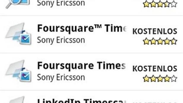 Ein Screenshot eines Sony Ericsson Smartphones mit verschiedenen App-Symbolen.