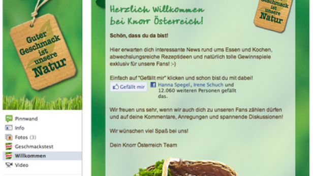 Ein Facebook-Post von Knorr Österreich mit der Aufschrift „Herzlich Willkommen bei Knorr Österreich!“.
