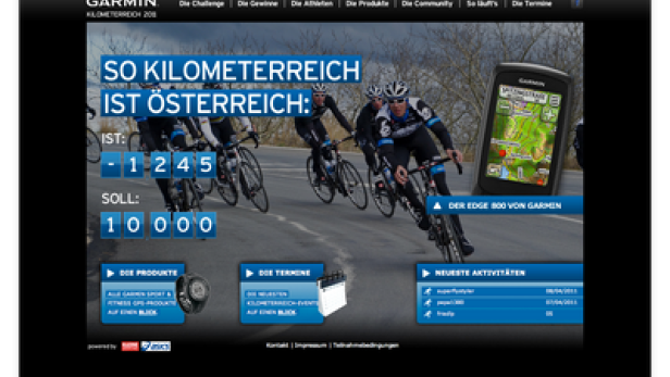Screenshot der Garmin „Kilometerreich 2011“-Webseite mit Radfahrern und einem Garmin Edge 800 Navigationsgerät.