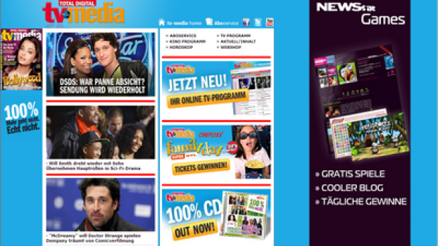 Screenshot der Website tvmedia.at mit Nachrichten und Programmhinweisen.
