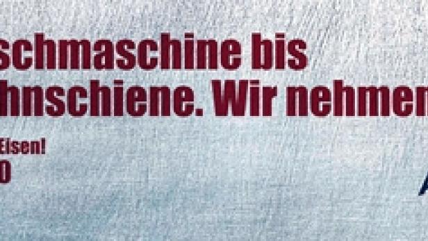 Werbung für „Die Altmetall Profis“: Ankauf von Waschmaschinen bis Eisenbahnschienen.