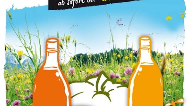 Eine Illustration mit österreichischen Spezialitäten wie Saft, Honig, Äpfeln und Birnen vor einer Berglandschaft.