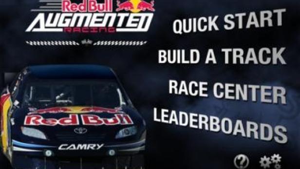 Das Menü des Rennspiels „Red Bull Augmented Racing“ mit einem Red Bull Camry Rennwagen.