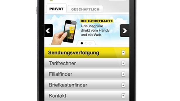 Ein Smartphone zeigt die Website der Deutschen Post mit verschiedenen Optionen wie Sendungsverfolgung.
