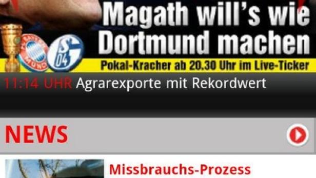 Ein Screenshot der BILD-App mit Nachrichten über Magath und den Pokal.
