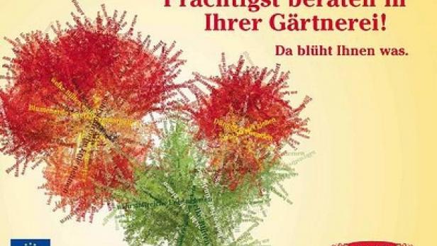Ein Blumenstrauß, der aus vielen kleinen Wörtern zum Thema Garten besteht.