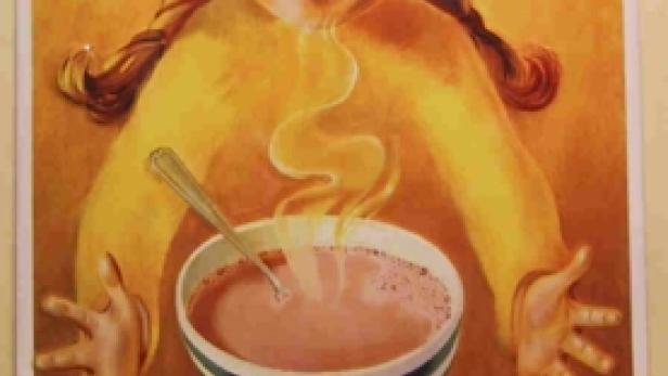 Eine Illustration einer lächelnden jungen Frau mit einem Teller Ovomaltine.