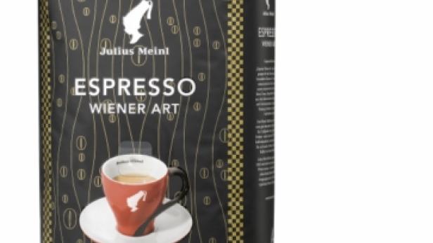 Eine Packung „Julius Meinl“ Espresso Wiener Art mit einer Tasse Kaffee auf der Vorderseite.