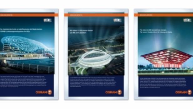 Drei Werbeplakate von Osram mit architektonischen Beleuchtungsbeispielen.