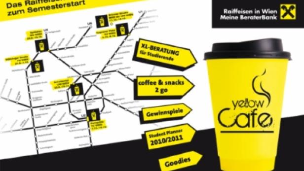 Werbung für den Raiffeisen Studierenden-Service mit einem gelben „Yellow Cafe“-Becher und Wiener U-Bahn-Plan.