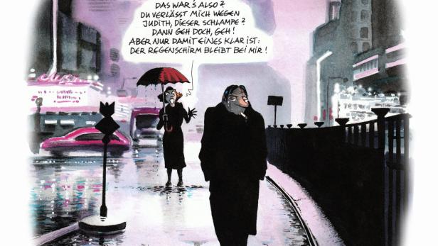 Eine Szene aus dem „Boulevard of Broken Dreams“ mit einem Paar im Regen.