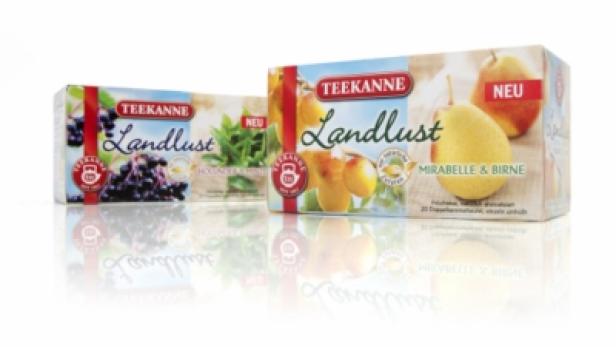 Zwei Packungen „Landlust“-Tee von Teekanne, Sorte Mirabelle-Birne und Holunder-Minze.