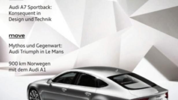 Das Cover des Audi Magazins 03/2010 mit einem silbernen Audi A7 Sportback.