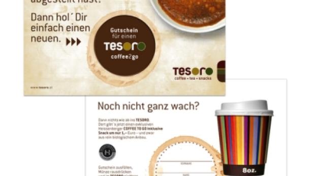 Werbung für Tesoro Coffee mit einem Gutschein für einen Kaffee zum Mitnehmen.