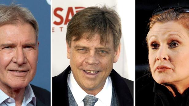Porträts von Harrison Ford, Mark Hamill und Carrie Fisher.