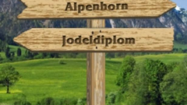 Ein Handy-Screenshot der Milka-App mit Wegweiser zu „Alpenhorn“ und „Jodeldiplom“ vor Alpenkulisse.