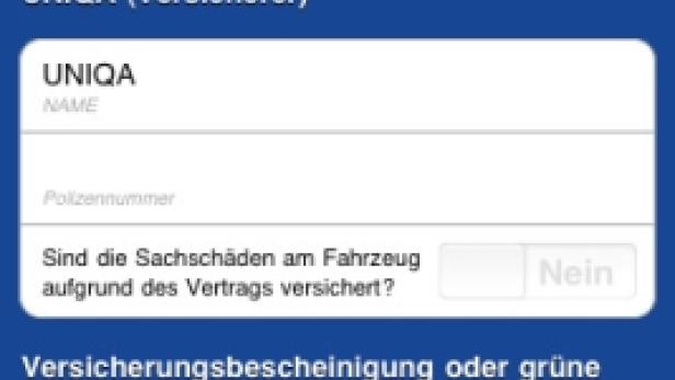 Ein Screenshot der UNIQA-App zur Eingabe von Versicherungsdaten.