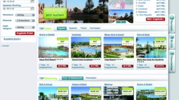 Die Webseite restplatzboerse.at mit Angeboten für Last-Minute-Reisen, insbesondere nach Ägypten.