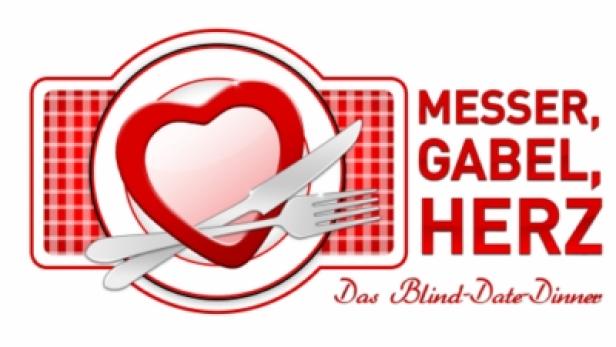 Logo für „Messer, Gabel, Herz – Das Blind-Date-Dinner“ mit Herz, Teller, Messer und Gabel.