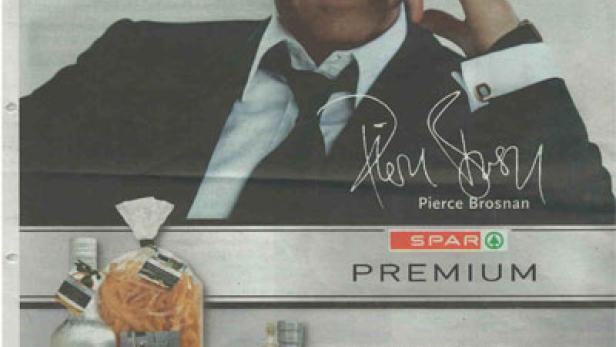 Eine Anzeige für SPAR Premium-Produkte mit Pierce Brosnan.