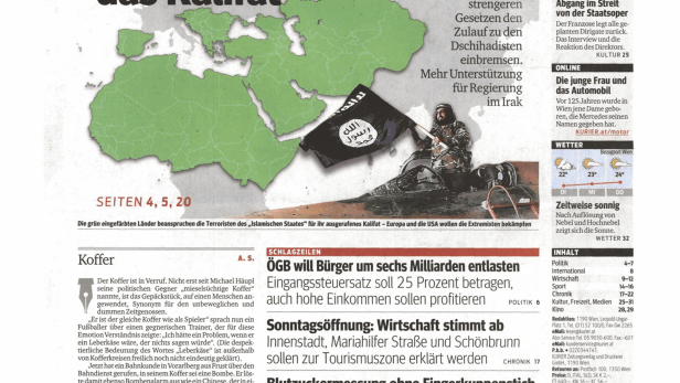 Titelseite des Kurier vom 16. September 2014 mit dem Titel „Europa rüstet gegen das Kalifat“.