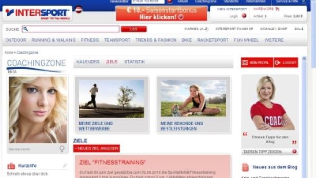 Die Webseite von Intersport „Coachingzone“ mit verschiedenen Fitness-Optionen.