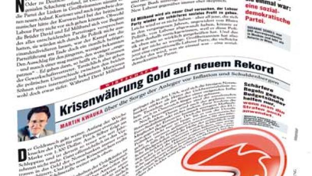 Eine Zeitungsseite mit Artikeln über Politik und Wirtschaft, sowie eine Werbung für „3“ mit 1.000.000 Kunden.
