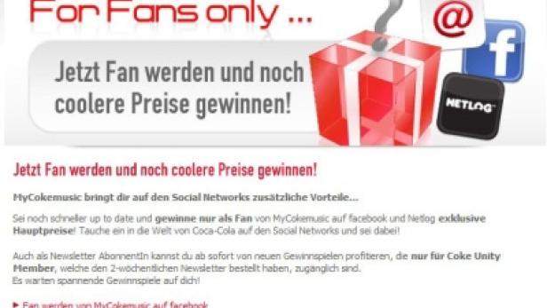 Ein Gewinnspiel von MyCokemusic mit der Aufforderung, Fan auf Social Media zu werden, um Preise zu gewinnen.