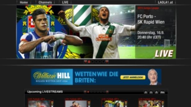 Werbung für Live-Übertragungen von Fußballspielen, darunter FC Porto gegen SK Rapid Wien.