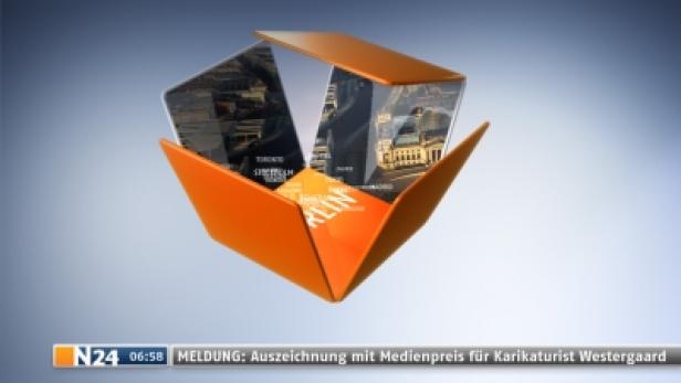 Ein orangefarbenes, abstraktes Design mit Bildern von Berlin, Stockholm, Toronto und Madrid.