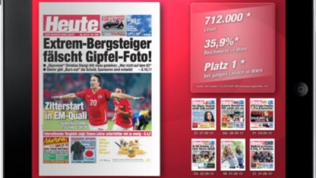 Ein iPad zeigt die Titelseite der Zeitung „Heute“ mit der Schlagzeile über einen gefälschten Gipfel-Foto eines Extrem-Bergsteigers.