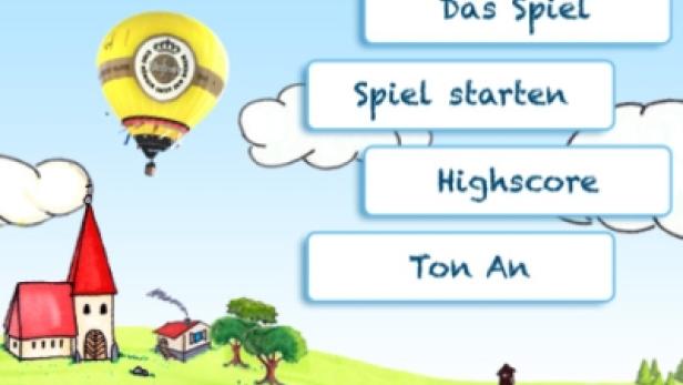 Ein gezeichnetes Spielmenü mit einem Heißluftballon, einer Kirche und der Aufschrift „Das Spiel“.