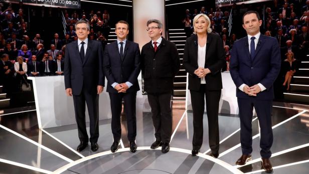 Francois Fillon, Emmanuel Macron, Jean-Luc Melenchon, Marine Le Pen, Benoit Hamon.